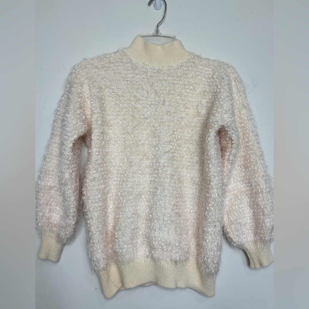 BN13 Korean Style Fuzzy Glittery Textured Sweater Cream Pastel Fits S/M Mockneck